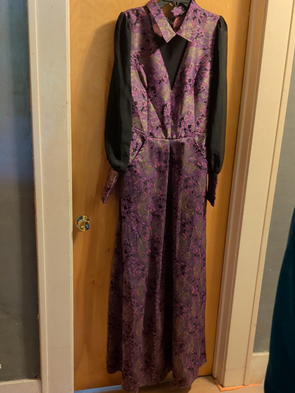 Purple Brocade Maxi Dress with Black Sleeves